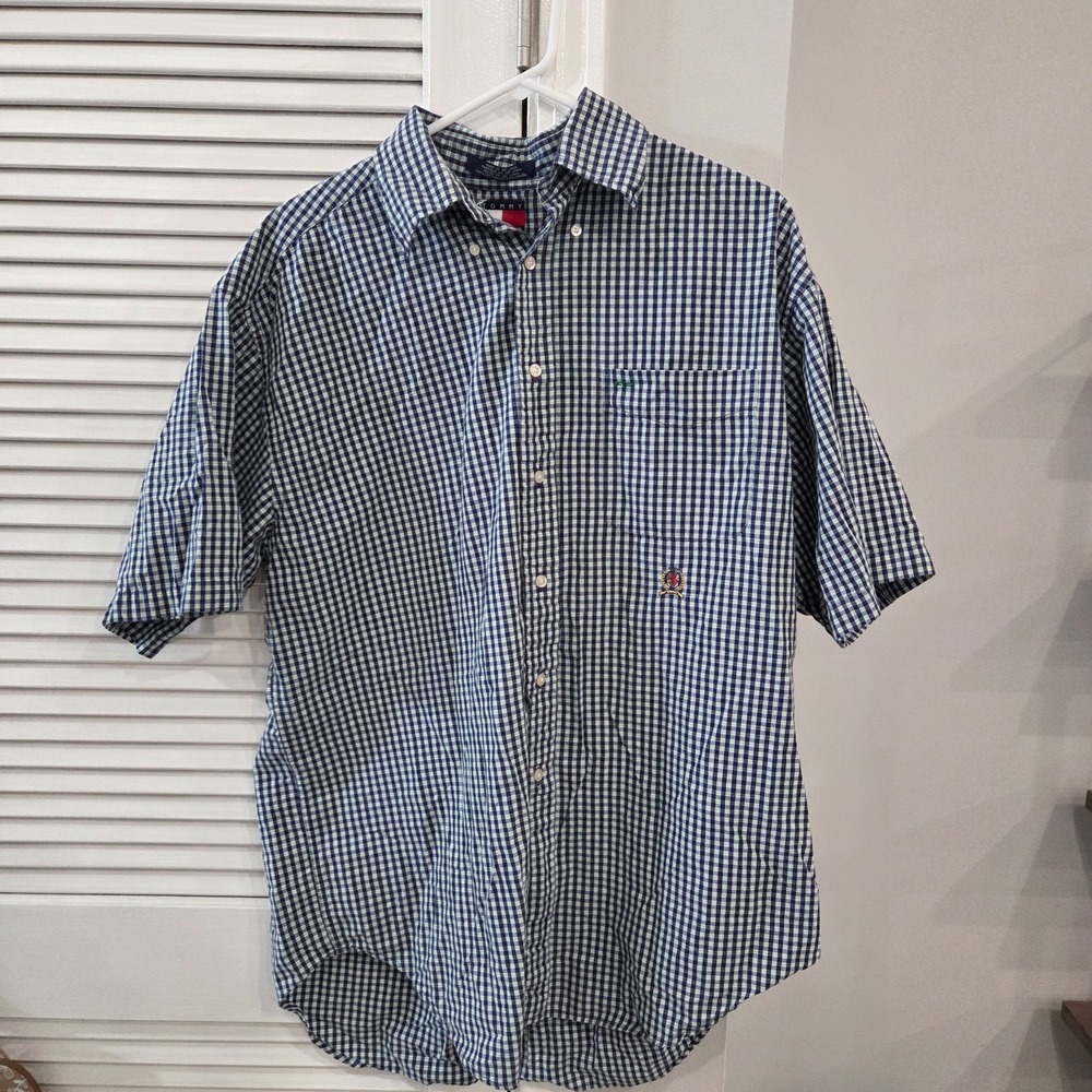 Vintage Mens Tommy Hilfiger Blue & White Plaid Short-Sleeve Button Up Shirt L